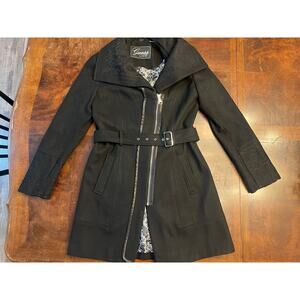 Guess Women’s Black Wool Blend Belted Trench Coat M Y2K Lace Details